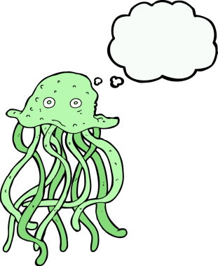 Bir insan tarafından çizilmiş düşünce baloncuklu ahtapot.