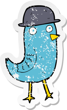 Bir insan tarafından çizilmiş şapka takan mavi kuşun gerilmiş çıkartması.