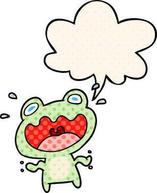 Bir insan tarafından çizilmiş çizgi roman tarzında konuşma baloncuğundan korkan sevimli bir kurbağa.