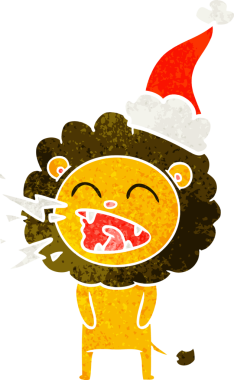 Bir insan tarafından çizilmiş Noel Baba şapkası giyen kükreyen bir aslanın el çizimi karikatürü.