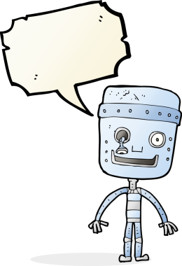 Bir insan tarafından çizilmiş konuşma balonlu komik robot.