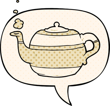 Bir insan tarafından çizilmiş çizgi roman tarzında konuşma baloncuğu olan bir çay demliği.