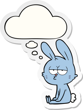 Bir insan tarafından çizilmiş bir çıkartma gibi düşünce balonlu şirin çizgi film tavşanı.