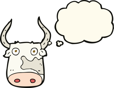 Bir insan tarafından çizilmiş düşünce balonlu çizgi film ineği.