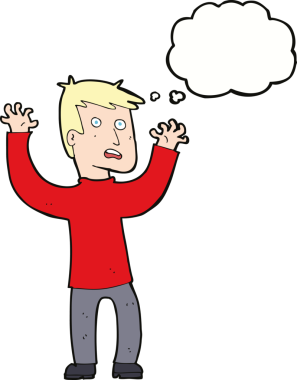 Bir insan tarafından çizilmiş düşünce baloncuğuyla dehşete düşmüş bir adam.