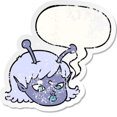 Uzaylı uzaylı kız yüzü, bir insan tarafından çizilmiş kederli eski bir çıkartma.