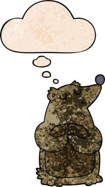 Bir insan tarafından çizilmiş grunge desenli düşünce baloncuklu çizgi film ayısı.