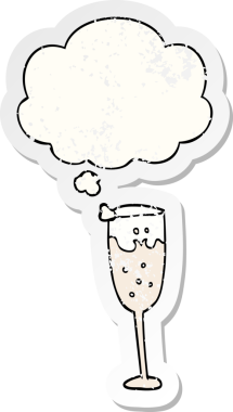Düşünce baloncuklu karikatür şampanya bardağı insan tarafından çizilmiş yıpranmış bir çıkartma gibi.