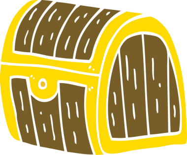 Bir insan tarafından çizilmiş düz renkli karikatür hazine sandığı.