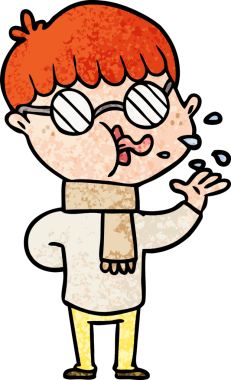 Bir insan tarafından çizilmiş gözlük takan çizgi film çocuğu.