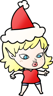 Bir insan tarafından çizilmiş Noel Baba şapkası giymiş güzel bir elf kızının gradyan çizimi.