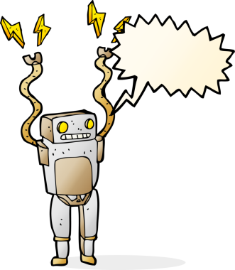 Bir insan tarafından çizilmiş konuşma balonlu komik robot.