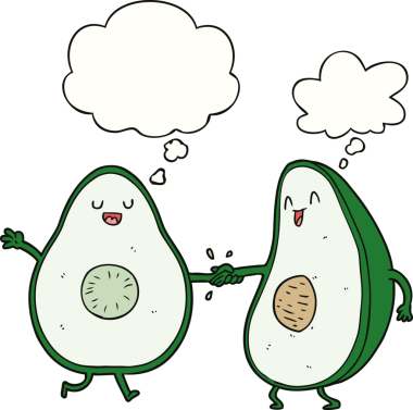 Bir insan tarafından çizilmiş düşünce baloncuklu avokadolar.