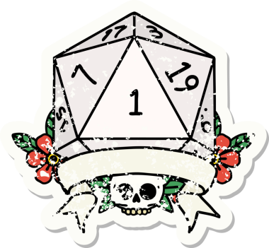 Bir insan tarafından çizilmiş doğal bir d20 zarının grunge çıkartması.