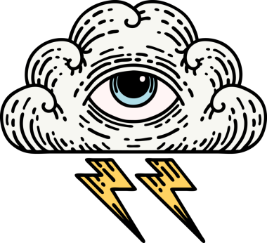 Her şeyi gören bir insan tarafından çizilmiş geleneksel bir göz bulutu dövmesi.