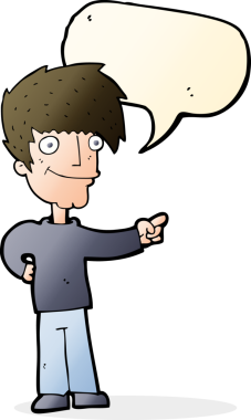 Bir insan tarafından çizilmiş bir konuşma balonuyla işaret eden çizgi film adamı.