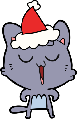 Bir insan tarafından çizilmiş Noel Baba şapkası takan bir kedinin el çizimi.