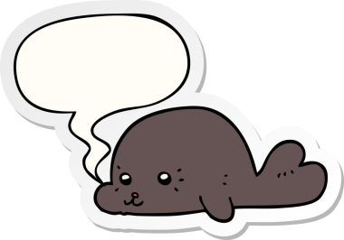 Bir insan tarafından çizilmiş baloncuk çıkartmalı bebek fok resmi.