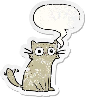 Bir insan tarafından çizilmiş, kederli, yaşlı bir çıkartma ile konuşan kediye bakan çizgi film.