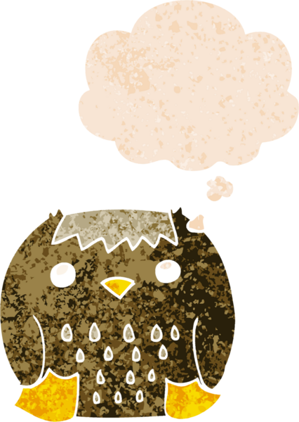 bir insan tarafından çizilmiş grunge sıkıntılı retro desenli düşünce baloncuğu ile çizgi film baykuşu