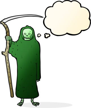 Bir insan tarafından çizilmiş düşünce baloncuklu ölüm karikatürü