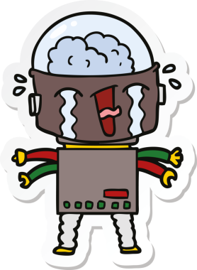 Bir insan tarafından çizilmiş ağlayan bir robot çıkartması.