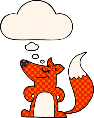 Bir insan tarafından çizilmiş çizgi roman tarzında düşünce baloncuğu olan çizgi film tilkisi.