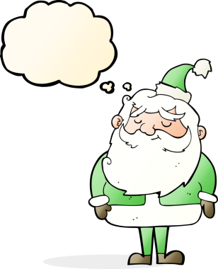 Bir insan tarafından çizilmiş düşünce baloncuklu Noel Baba çizgi filmi.