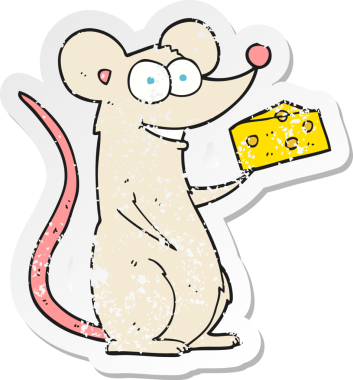 Bir insan tarafından çizilmiş peynirli çizgi film faresinin gerilimli retro yapıştırması