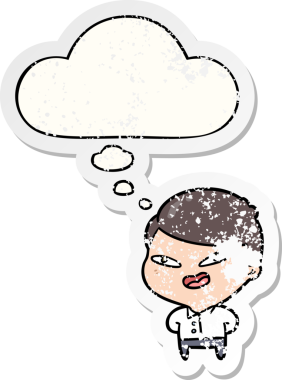 Düşünce baloncuğu olan mutlu bir iş adamı bir insan tarafından çizilmiş sıkıntılı bir çıkartma gibi