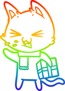 Gökkuşağı gradyan çizgi çizimi bir insan tarafından çizilmiş Noel hediyesi ile tıslayan bir kedi karikatürü