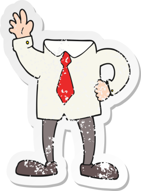 Bir insan tarafından çizilmiş başsız bir iş adamının gerilemiş retro çıkartması.