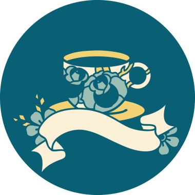 bir fincanın bayrağı ve bir insanın çizdiği çiçeklerle dövme tarzı simgesi