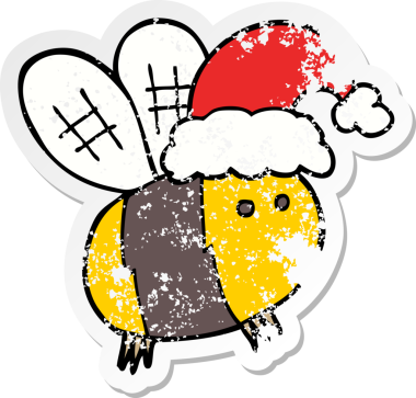 Bir insan tarafından çizilmiş Noel şapkası takan sevimli bir çizgi film arısının sıkıntılı çıkartması.