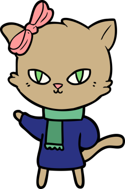 Bir insan tarafından çizilmiş kışlık giysili şirin bir çizgi film kedisi.