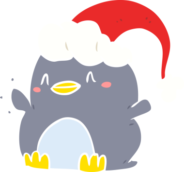 Bir insan tarafından çizilmiş bir noel şapkası giyen düz renkli penguen.