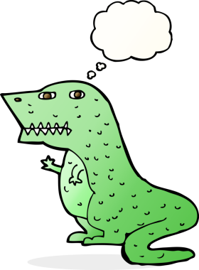 Bir insan tarafından çizilmiş düşünce baloncuklu bir dinozor.