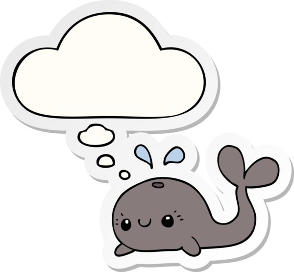 Bir insan tarafından çizilmiş bir çıkartma olarak düşünce baloncuğu olan sevimli çizgi film balinası.