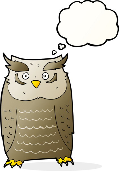 Bir insan tarafından çizilmiş düşünce baloncuklu çizgi film baykuşu