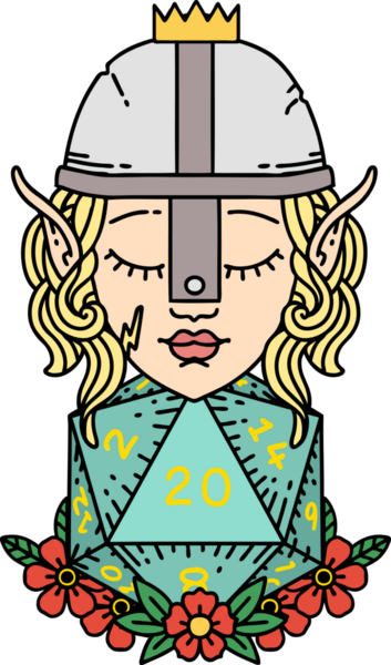 Retro Tattoo stili elf dövüşçüsü. Bir insan tarafından çizilmiş 20 zar ile.