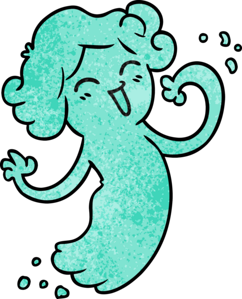 Bir insan tarafından çizilmiş mutlu pembe bir hayaletin el çizimi karikatürü.