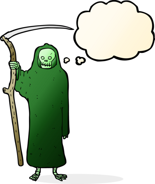 Bir insan tarafından çizilmiş düşünce baloncuklu ölüm karikatürü