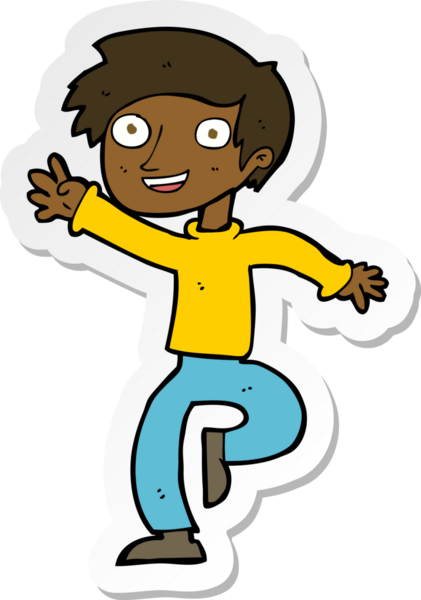 Çizgi film çıkartması. Bir insan tarafından çizilmiş heyecanlı çocuk.