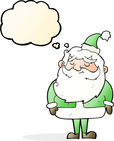 Bir insan tarafından çizilmiş düşünce baloncuklu Noel Baba çizgi filmi.