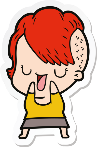 Hipster saç kesimi bir insan tarafından çizilmiş şirin bir çizgi film kızına ait etiket.