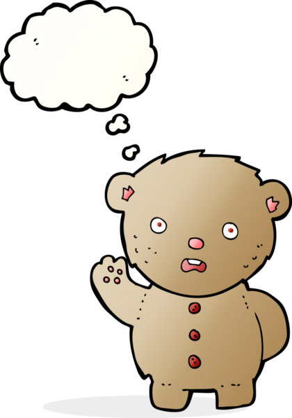 Bir insan tarafından çizilmiş düşünce baloncuklu mutsuz oyuncak ayı.