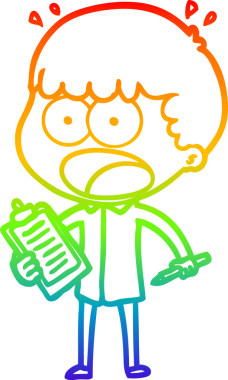 Karikatür çizen gökkuşağı gradyanı bir insan tarafından çizilmiş pano ve kalemle şok olmuş bir adam.