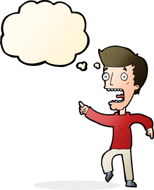 Bir insan tarafından çizilmiş düşünce baloncuğuyla dehşete düşmüş bir adam.