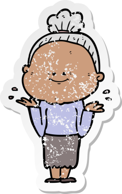 Bir insan tarafından çizilmiş mutlu, yaşlı bir kadının sıkıntılı çıkartması.