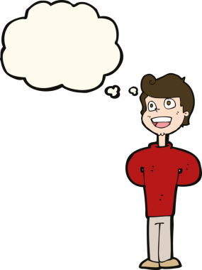 Bir insan tarafından çizilmiş düşünce balonlu mutlu adam çizgi filmi.